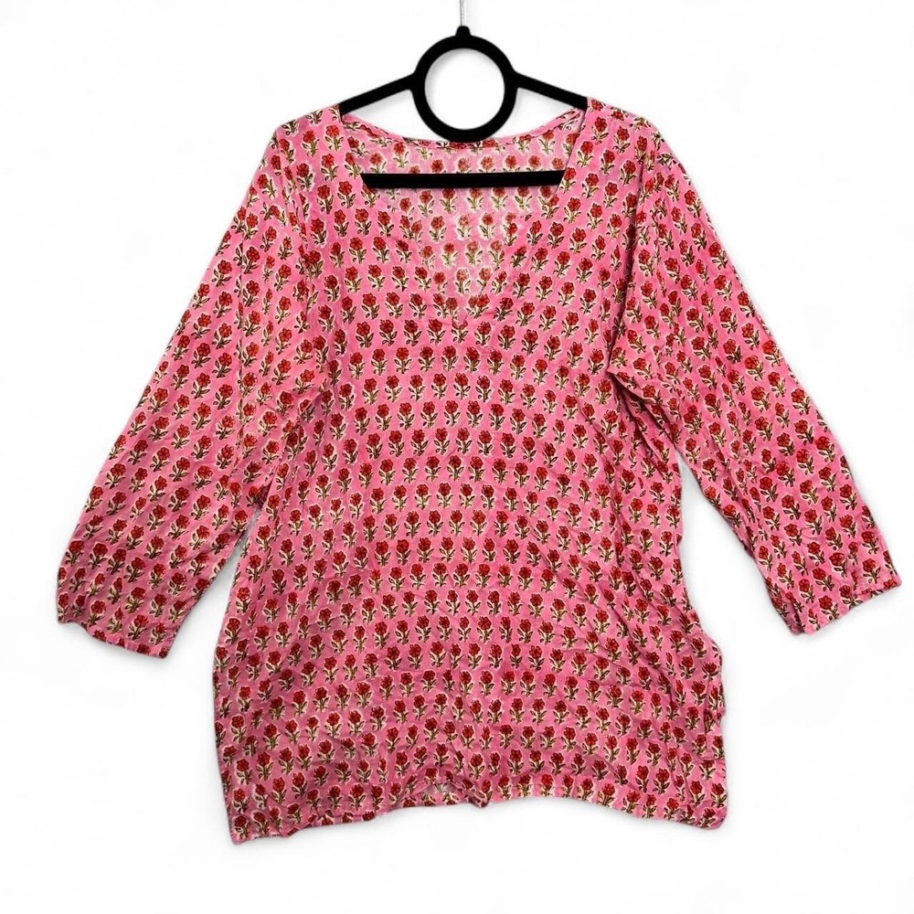 Pink Floral Tunic Blouse Women's Long Sleeve Pink Est L Cottagecore Kurti Boho